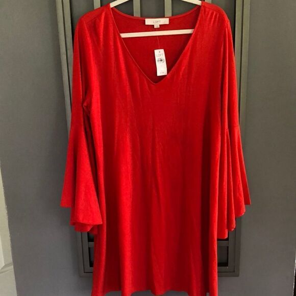 NWT LOFT flowy Orange/Red Rayon spandex bell sleeve V-neck dress size L - Picture 2 of 8